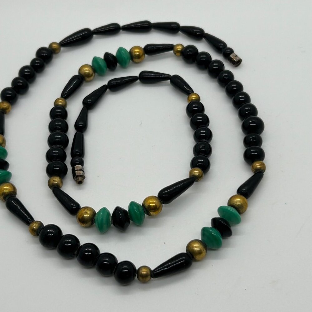 Vintage Glass Beaded Necklace Black Green Brass Accents Statement Long Art Deco - Picture 16 of 16